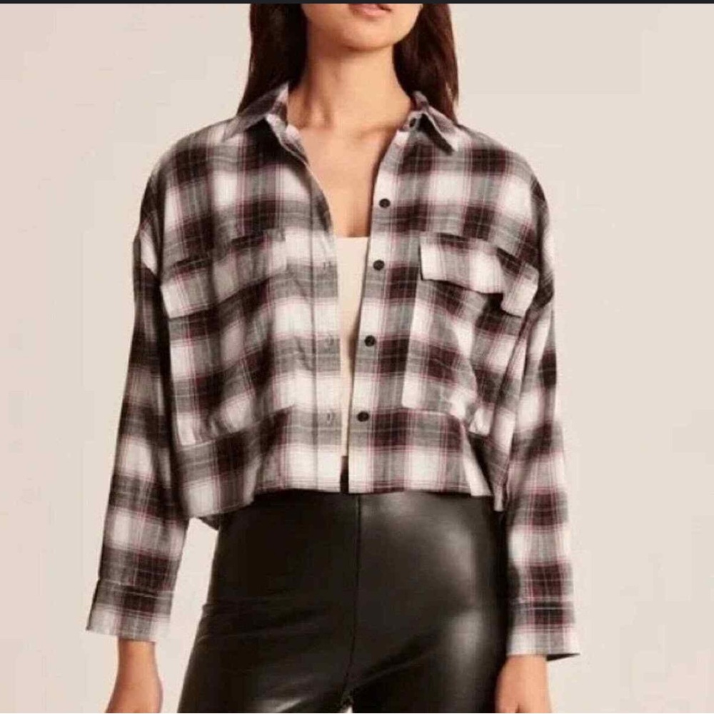 Abercrombie & Fitch 90s Cropped Flannel White Gray Pink Size XL